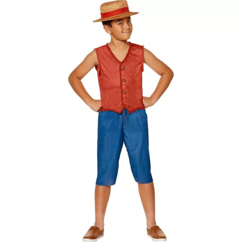 Boys Netflix One Piece Monkey D LUFFY Costume Size M L XL Vest Shorts Hat NWT